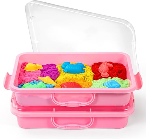 Sandkasten Sensory Bin mit Deckel und Griff, Portable Sensory Sandbox Container für Kinder, Kunststoff Aktivität Tray für Kleinkinder - (2 Stück rosa)
