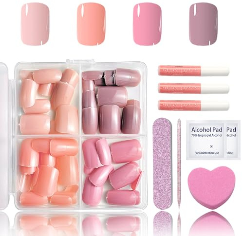 96PCS Press on Nails Kurz – Full Cover Rosa Acryl Nagelspitzen Set - Glossy Nude Square Künstliche Nägel, Natürliches & angenehmes Tragegefühl für Frauen und Mädchen (Nude Pink Style Set)
