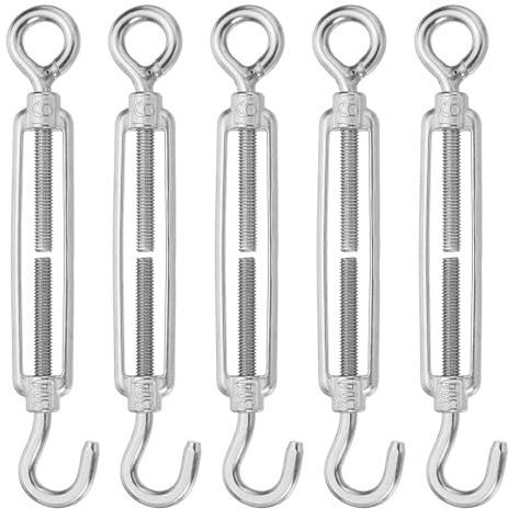 sourcing map M6 Hook and Eye Turnbuckles for Cable Wire Rope Tension, 304 Stainless Steel Turnbuckle Adjustable for Shade Sail String Light Hanging Pack of 5