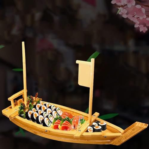Grand plateau de service en bois de style japonais pour sushis et fruits de mer 48 cm pour restaurant ou maison, assiette à sashimi avec forme de bateau unique, idéal pour la présentation de glace