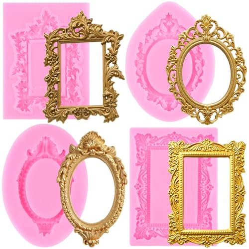 RFGHAC Photo Frame Silicone Moulds Picture Frames Fondant Moulds Vintage Mirror Frame Chocolate Moulds for Cake Decorating Gum Paste Candy Polymer Clay Set of 4