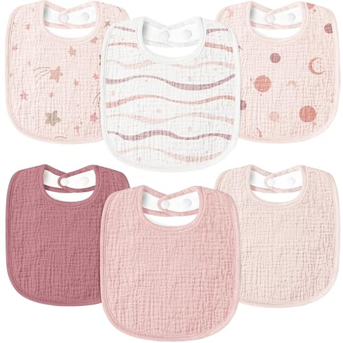 Susurration Bavaglino Neonato in Mussola per Neonati 6 Pezzi Morbidi Bavaglini Quadrati Regolabili per Neonati per Ragazze e Ragazzi Unisex (Rosa)