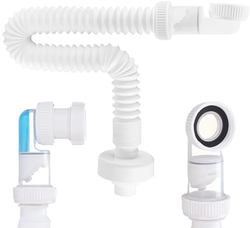 Penbinmall 1 1/4 Zoll Siphon, Raumsparsiphon, Einstellbarer Siphon Waschbecken, Flexibles Ablaufschlauch, Geruchsdichter Flexibler Siphon, Austauschbarer Abwasserrohr mit Geruchsverschluss(Weiß)