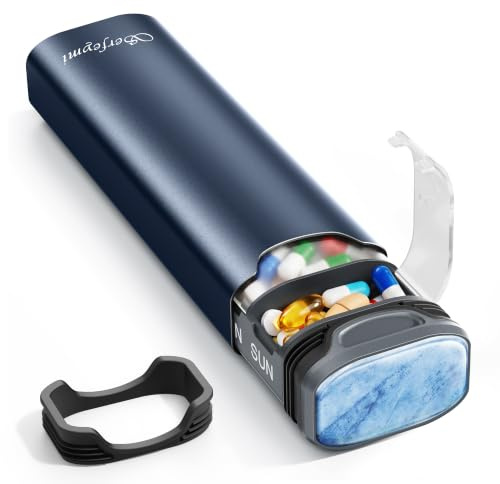 Serfeymi Tablettenbox 7 Tage - Metall Medikamentenbox, Pillendose, Tabletten Organizer(Ersatzdichtung enthalten),Pillenbox,Dispenser Medikamente für Pill, Supplement mit individuellem Deckel-Blau