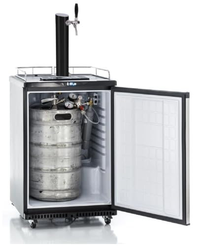 GDW Bierbar auf Rollen mit Reiling für max 50l Fass Komplettsets mit schwarzer Edelstahl-Schanksäule, Co2 in 425g, 500g oder 2kg & 4 versch. Kegs zur Auswahl (Korbkeg Typ S, 425g Soda Flasche Co2)