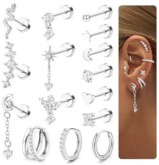 CASSIECA 15 st piercing öra guld silver helix piercingar kirurgiskt stål örhängen för kvinnor medicinska örhängen kreoler örhängen öronpiercing set conch helix tragus piercing för flera öronhål