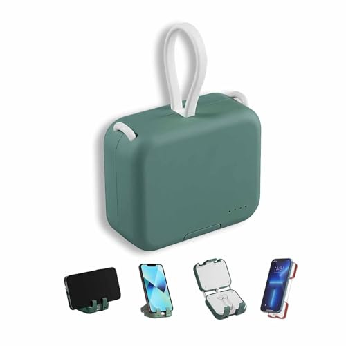 KhUkhu Mini Power Bank E Supporto per Telefono, Mini Power Bank da 4000 mAh con Doppio Cavo Integrato, Grazioso Power Bank con Cavo Integrato, Supporto Portatile per Telefono Cellulare,Verde
