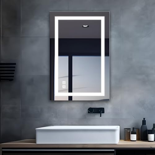 MIQU LED Badspiegel mit Beleuchtung 80x60 cm Badezimmerspiegel, Bad Groß Spiegel Touch Dimmbar Warm/Weiß Front Licht Beschlagfrei Wandspiegel für Badezimmer, WC, Flur Ecken Rechteck D