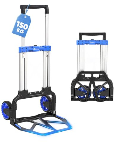 Sekey Klappbare Sackkarre, Schwerlast Transportkarre 150 kg, Blau | XXL Anti-Rutsch-Pad & Verstärkter Aluminium Rahmen, In Sekunden Faltbar, Höhenverstellbar mit TPR-Rädern