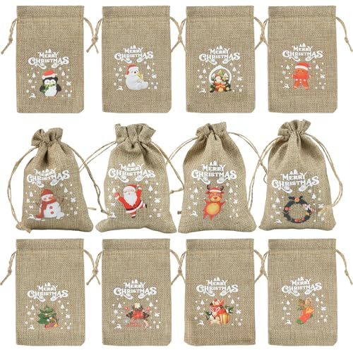 12 pezzi Sacchetti di iuta per Natale Calendario dell'Avvento Sacchetti di iuta 10 × 15 cm Sacchetto di iuta per Natale Sacchetti regalo per Calendario dell'Avvento Decorazione per albero di Natale