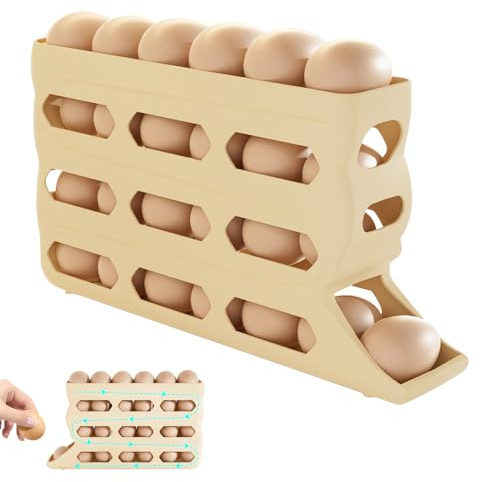 Eierhalter Kühlschrank Organizer, Eier Aufbewahrung Kühlschrank, Automatisches Rollen Platzsparend Eier Aufbewahrung, Egg Holder Eierbehälter für Kühlschrank (Beige)
