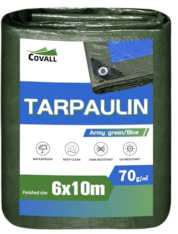 COVALL waterproof tarpaulin 6mx10m, 70g/m² UV resistant outdoor sunshade tarp, ripstop green fabric large tarpaulins sheet,house rain cover,camping tent with eyelets,motorcycle,boat,wood pool cover