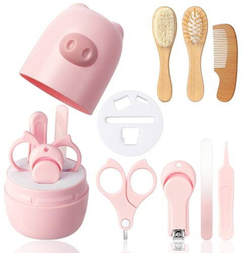 HAGOT Set per la Cura del Bambino 7 in 1 con Custodia Carina, Tagliaunghie, Forbicine, Lima, Pinzette e Sspazzola in Silicone, Set per la Cura del Bambino e Dei Neonati