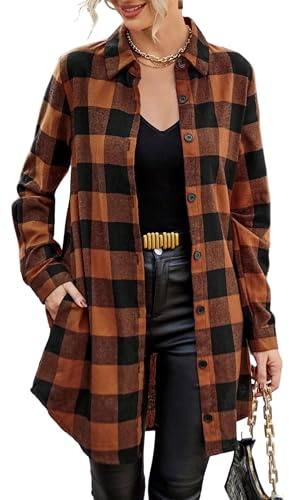 Jhsnjnr Damer flanell rutig skjorta blus knappslå v hals toppar lång skjorta oversize rutig skjorta långärmad skjorta, apelsin, XL