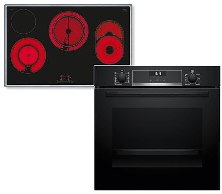Bosch HBD632LS82 Einbau-Backofen-Set bestehend aus Einbau-Backofen 60 cm Serie 6 HBG537BB4 & Elektro-Kochfeld 80 cm Serie 4 PKH845BB1D, Air Fry, Leichte Reinigung, 3D-Heißluft, Bräterzone