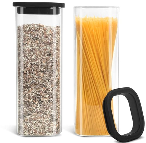 Withosent 2er Spaghetti Aufbewahrung mit Glasdeckel, 2300ml Vorratsdosen Glas Eckig, Vorratsgläser Glasbehälter, Aufbewahrungsgläser Küche für Nudeln, Müsli, Bohnen, Cornflakes