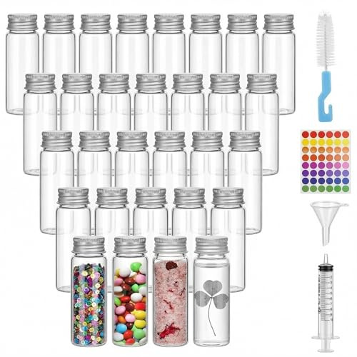 Ferenando 30 Stück Reagenzgläser mit Deckel, 50ml Reagenzglas Kleine | Reagenzglas mit Schraubverschluss, Flachboden Kleine Glasröhrchen, Transparent Glas Fläschchen für Sensorik, Badesalz, Perlen