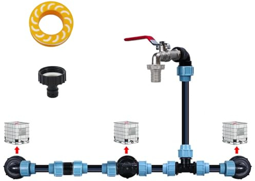 Set di collegamento per 3 serbatoi IBC o barili per l'acqua piovana, incluso rubinetto a collo d'oca da 3/4, uscita con raccordo per tubo, ideale per l'irrigazione del giardino