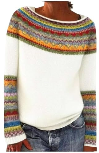 Générique Pull Femme Hiver Chaud Norvégien Vintage Pull de Noël Chic Jacquard Tricoté à Manches Longues Sweater Élégant Doux Tunique Grande Taille Automne Décontracté Mode Oversize Top