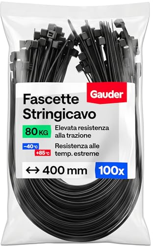 GAUDER Fascette nere (80 kg resistenza) - Extra forti e lunghe per gestione cavi, recinzione, giardino, cantiere & officina - Resistenti UV per esterni (100 pezzi - 400 mm x 8,8 mm)