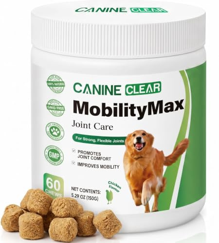 Canine Clear MobilityMax Plant-Powered Joint Supplement for Adult Dogs Aged 6+ - Hip and Joint Care with Glucosamine, Hyaluronic Acid, Turmeric and Green-Lipped Mussel - 60 Soft Chews Chicken Flavour