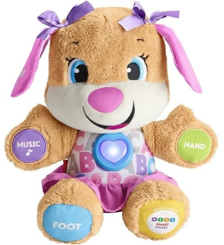 Fisher-Price Ríe y Aprende Perrita Primeros Descubrimientos, peluche interactivo con luces y sonidos, juguete bebé +6 meses, Versión: UK-Inglés, FPP51