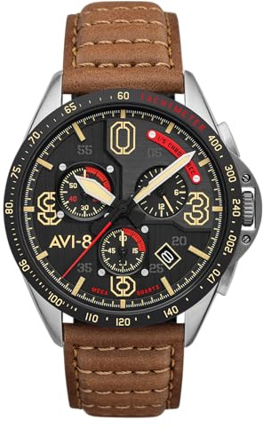 AVI-8 Mustang Blakeslee P-51 Montre Chronographe pour Homme – Boîtier en Acier Inoxydable de 43 mm, Mouvement à Quartz Japonais, Bracelet en Cuir, Montre Militaire, Bronze Chêne – AV-4077-02