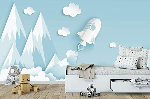 Oedim Fotomural Infantil Vinilo para Pared Cohete, Montañas y Nubes en Cielo Azul | Mural | Fotomural Vinilo Decorativo |500 x 300 cm | Decoración comedores, Salones, Habitaciones