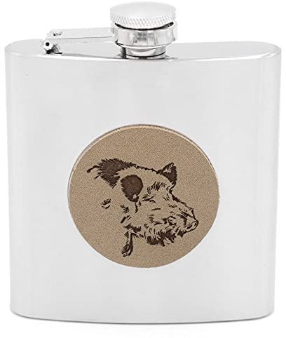 Flachmann mit Leder Emblem Keiler Wildschwein Schnapsflasche Füllmenge 6 OZ / 177 ml