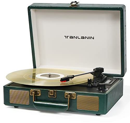 Vintage 3-Speed Bluetooth Portable USB Suitcase Record Player with Built-in Speakers | Upgraded Vinyl Turntable Audio Sound| Includes Extra Stylus & Mat | Green