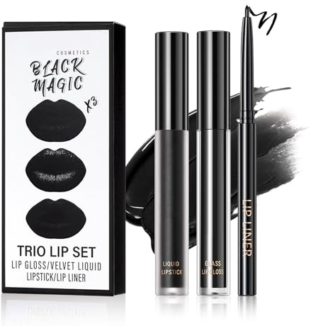 QIUFSSE 3 in 1 Black Lip Liner Pencil and Lipstick lipgloss Set Matte Black Lipstick Lip Gloss Kit Long-lasting Nonstick Cup Smudge Proof Lip Kits with Lip Liner,Velvet Goth Makeup (12#Black Magic)
