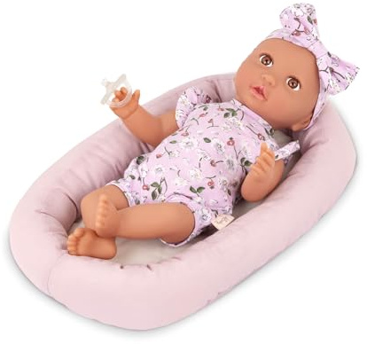 LullaBaby - Baby-Puppe & Bodenkissen-Set - 36 cm Realistische Baby-Puppe - Braune Augen & weicher Körper - Puppenbekleidung Floral Sleeper, Stirnband & Schnuller - Kinder 2 Jahre +