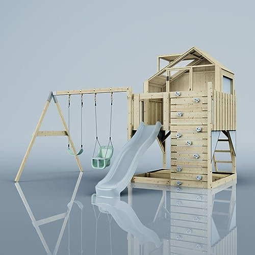 Rebo Spielturm mit Spielhaus inkl. Wellenrutsche und Kinder-Schaukel | Outdoor Klettergerüst Garten | Kletterwand und Kletterleiter | Stabile Konstruktion, Weiches Gefühl in den Seilen