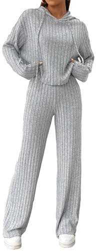 SotRong Set da Lounge da Donna, Completo da Allenamento a Due Pezzi, Pantaloni da Casa, Set da Pigiama a Coste, Maglietta a Maniche Lunghe, Pigiama da Notte, Abbigliamento da Casa, C-grigio., XL