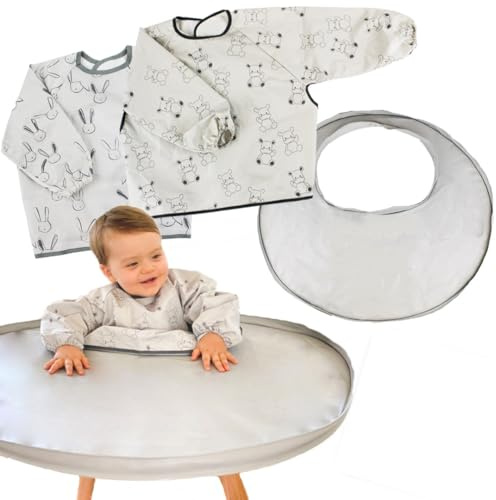 Hello Hippo® haklapp-set och inlärningsbricka vattentät grå mönstrad för barnstol – haklapp lärbricka med sugkopp – haklapp med ärmar för matning, målning, teckning