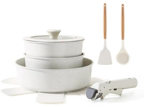 SENSARTE 9 Piece Pots and Pans Set, Nonstick Detachable Handle Cookware, Induction Kitchen Cookware Set with Removable Handle, Healthy Non Stick RV Cookware, Oven Safe (White)