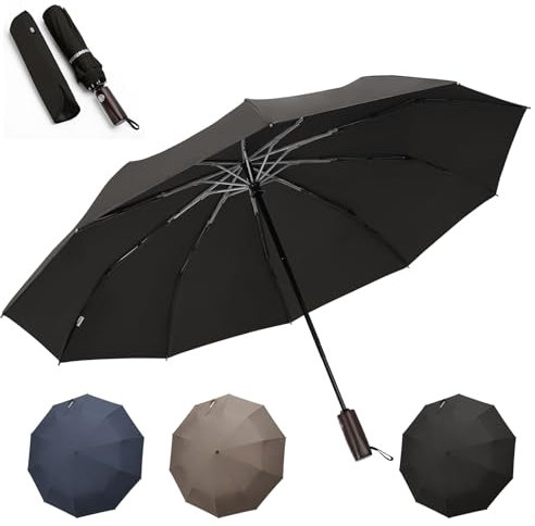 bohunono Kompakter Reise-Regenschirm für Regen, winddicht, faltbarer Regenschirm für Rucksack mit Holzgriff, 10 Rippen, automatisches Öffnen, Schließen, tragbar, schwer, groß, für Männer, Frauen, FUB