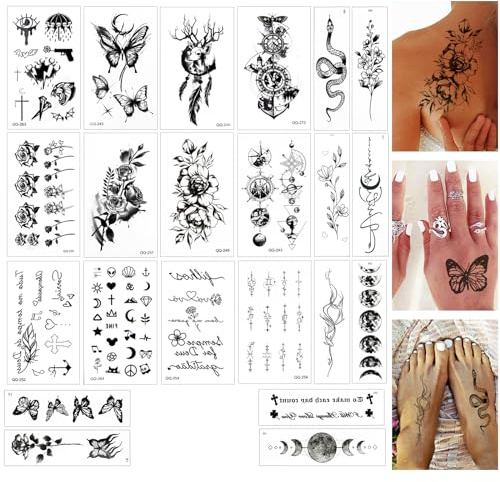 Deepton Tattoos Erwachsene, 110+ Temporäre Tattoos Schwarz, Fake Tattoos | Wasser und Schweiß Resistente Klebetattoos Erwachsene, Tattoo Aufkleber für Herren Damen, Halloween, Festival, Karneval
