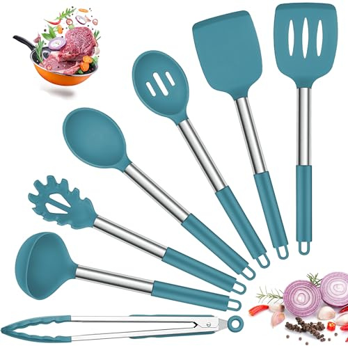 Joyfair 7 Pcs Silicone Kitchen Utensils None Scratch Cooking Tools - Blue | Non-Stick, Non-Toxic, Stainless Steel Core, Sturdy Enough, Heat Resistant, Multi-Purpose Use, Hanging Hole, Dishwasher Safe