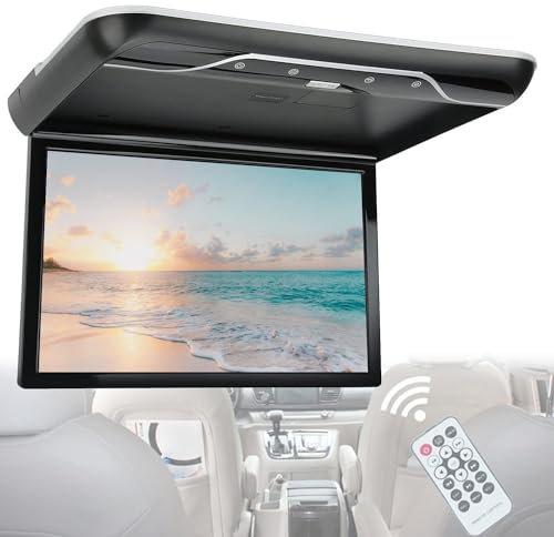AUTUMFLATGAO Reproductor De Techo para Automóvil De 19, Monitor Abatible para Automóvil con Parlantes Estéreo Incorporados, Pantalla Digital HD De 1080p con Luz Ambiental, HDMI IR FM USB,Black