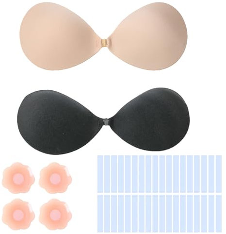 MUNSKT 2 Pack Push Up Invisible Bra for Women, Reusable Backless Strapless Sticky Adhesive Bra, Stick On Bra and Nipple Covers for Evening Dress Backless Clothes