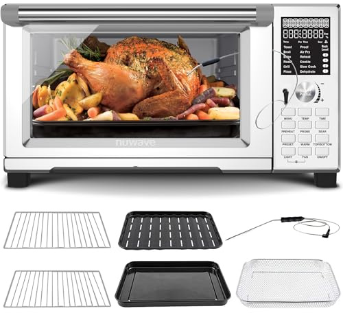 Nuwave Bravo Pro Countertop Convection Oven, 90% Less Oil, multi-Layer Cooking, Cool White Display, Integrated Probe, Improved 100% Convection, 30QT, PFAS Free