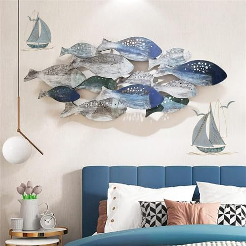 Wanddekoration, 3D-Metallfische, 2 Stück, Metall-Segelboot, 127 x 50 cm, großer Fischschwarm, Strandfisch-Wandskulptur, Fisch-Wandkunst-Dekor, handbemalte Fische, Hängedekoration