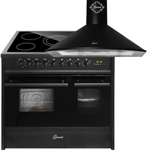 GURARI Elektrisk stativspis GCH E 912 DF BL+GCH 046 Bl 9 med 1-vägs teleskoputdrag, elektrisk stående spis 90 cm, dubbelugn + köksfläkt 90 cm