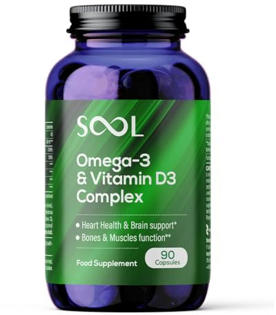 SOOL Omega 3 e Vitamina D3 Complesso in Softgel, 90 Capsule | 20% EPA e 50% DHA | Integratore Omega-3 Due al Giorno | Vitamina D3 2000UI per Porzione