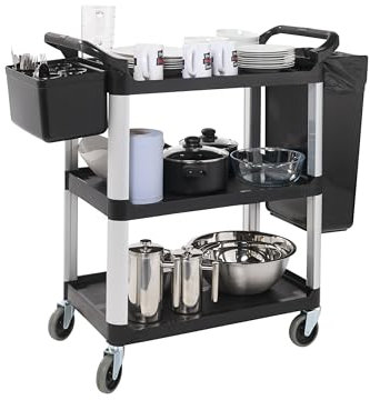 The Workplace Depot 3-Tier Catering Trolley with Removable Bins – Non-Marking Castor Wheels, Lightweight & Space-Saving – Perfect for Kitchens, Restaurants, Hospitals(Trolley with Bins)