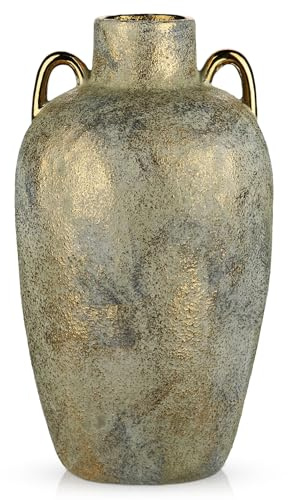 Vase Gold Vintage Vase Keramik Blumenvase Hohe Vasen für Pampasgras | Arborus Bodenvase für Kunstblumen Zweige Dekovase Rustikal Vintage Boho Deko im Wohnzimmer Schlafzimmer Küche Hotel Büro