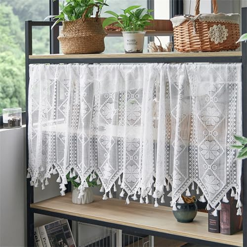 champracer Häkeloptik Scheibengardine, Landhausstil Häkeln Stricken Handgemacht Scheibengardine, Gardinen mit Quasten, Bistrogardine Boho Vorhang Kurzstore, Küchengardine (Weiß,BxH 180x60 cm)