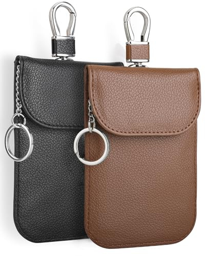 RFID Signal Blocker Faraday Pouch for Car Keys, Premium PU Leather, Jammer for Keyless Entry, Relay Attack Prevention (2 Pack - Brown + Black)