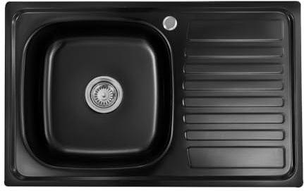 Omeere, Fregadero de cocina empotrable de acero inoxidable 304, grosor de material de 0,8 mm, fregadero de cocina cuadrado, 1 escurridor 80LX50BX18H (escurridor derecho – negro)